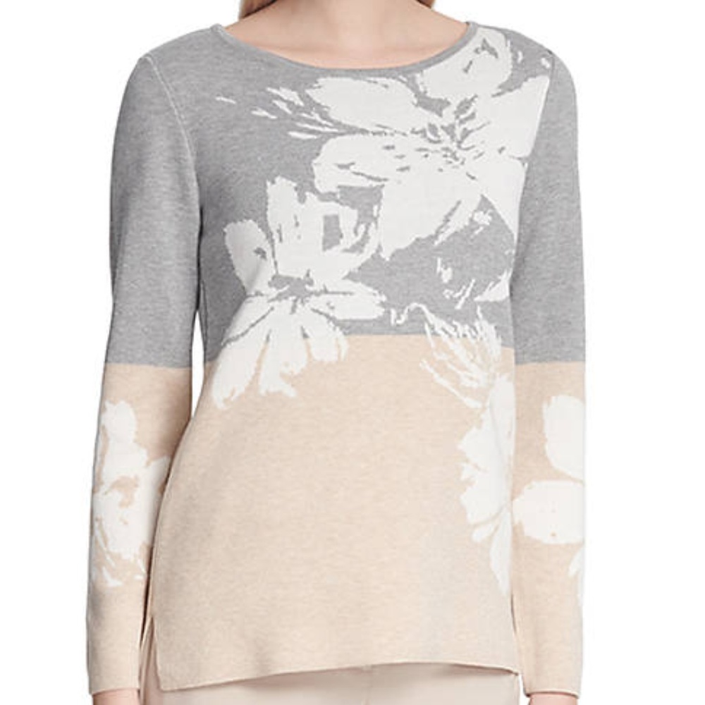 CALVIN KLEIN Gray Color Block Flower sweater
